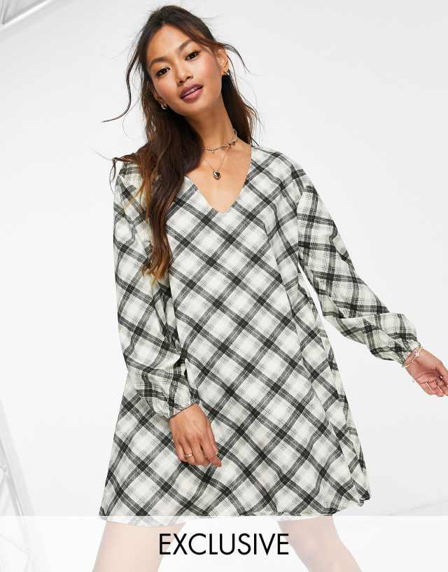 Stradivarius v-neck smock dress in green check