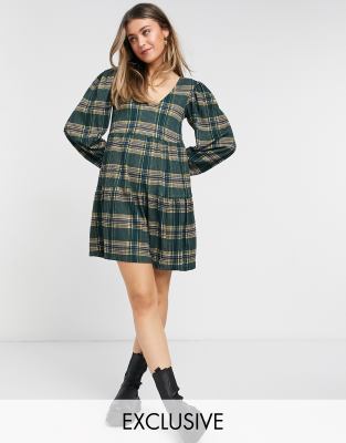 Stradivarius v neck smock dress in green check