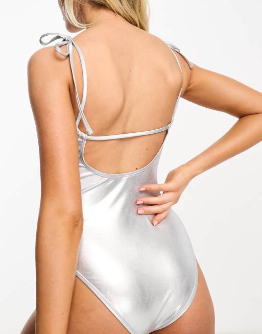 Stradivarius v neck swimsuit in metallic silver