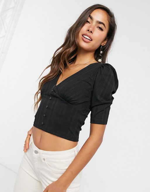 Stradivarius v-neck top with button detail in black