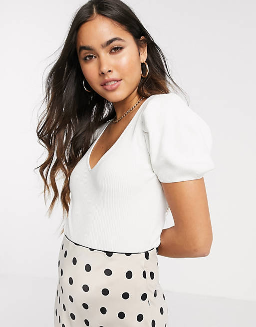 Stradivarius v neck top with puff sleeves in white | ASOS