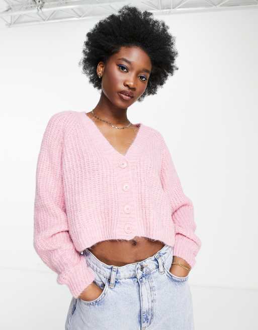 ASOS Fluffy Cropped Cardigan in Pink