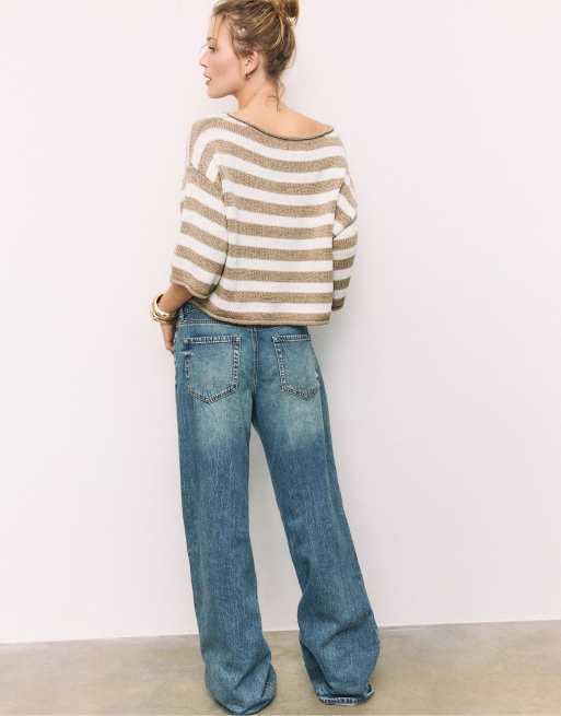 Stradivarius - Vaniljefarvet sweater i strik med bådudskæring, 2 af 4