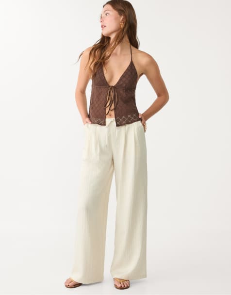 Stradivarius – Vaniljvita, strukturerade byxor med dragsko - view 1