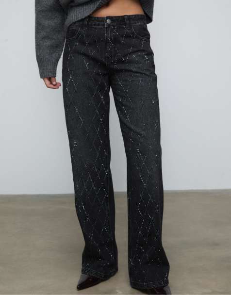 Stradivarius - Vasket sorte jeans med rhinsten i denim - view 1