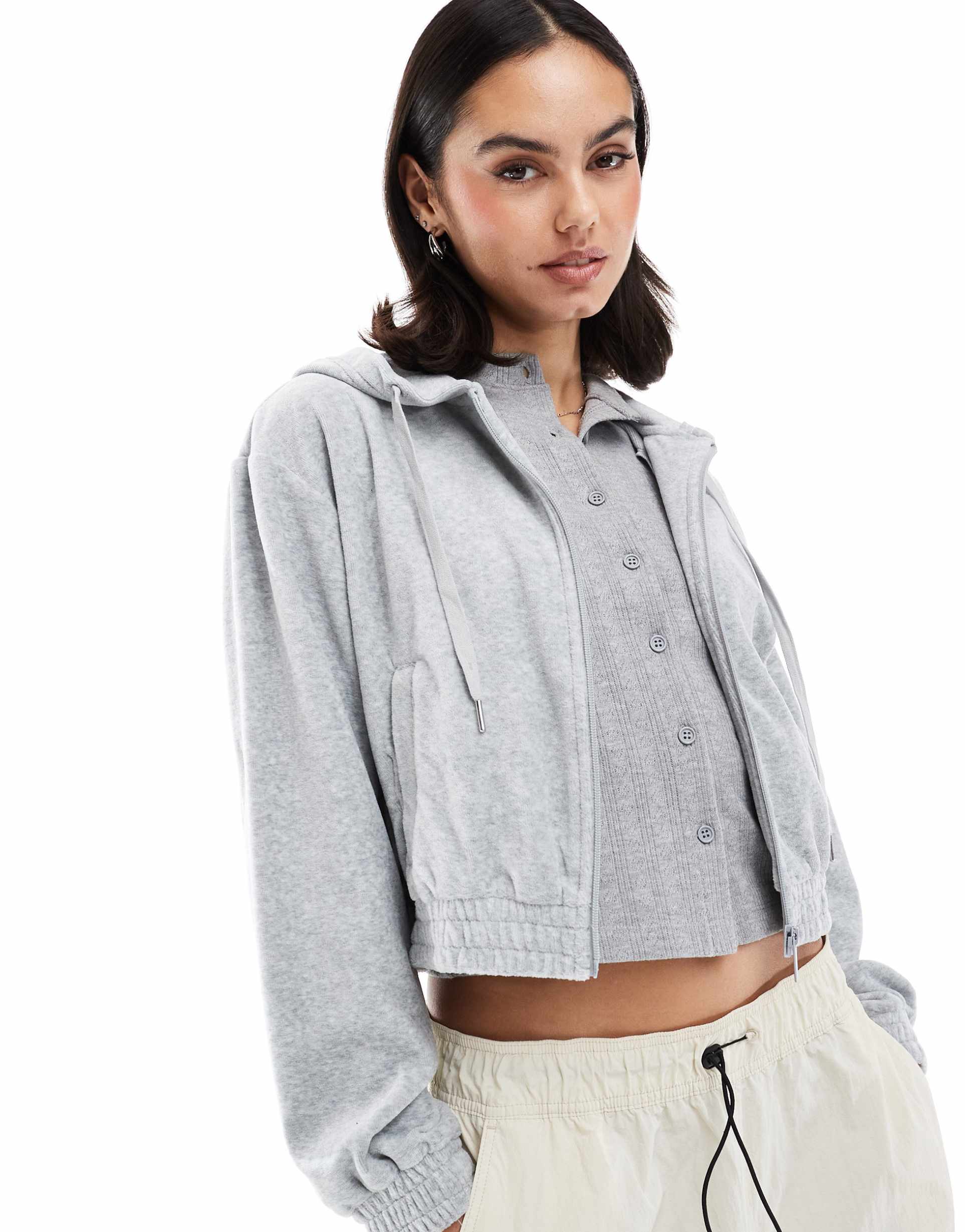 stradivarius velor zipper jacket in light gray