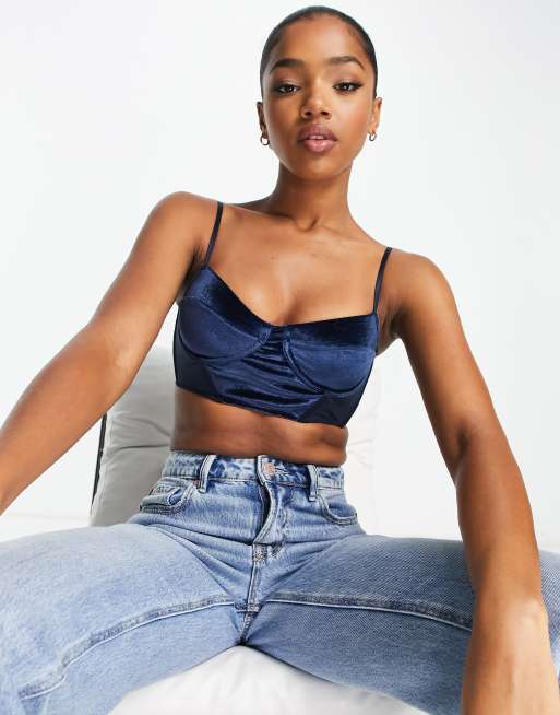 Stradivarius velvet and mesh corset top in navy ASOS