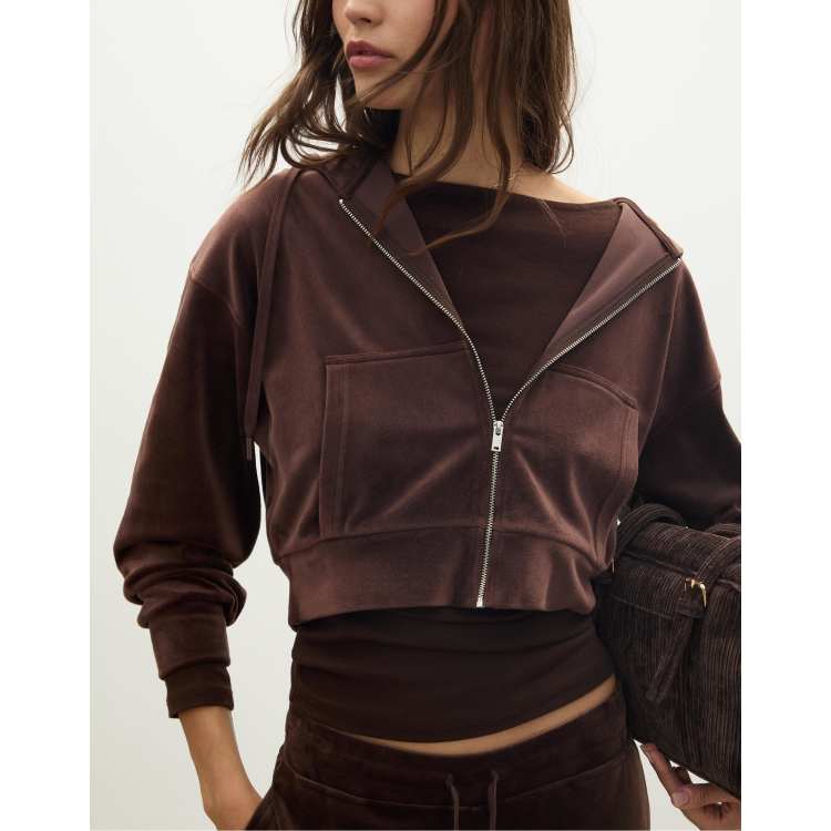 Stradivarius Velvet hoodie with zip in brown ASOS