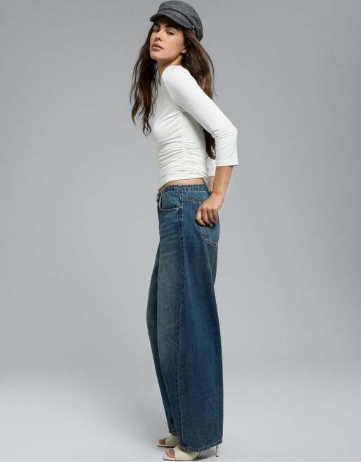 Stradivarius verstelbare barrelbroek in medium denimwassing, 5 van 7