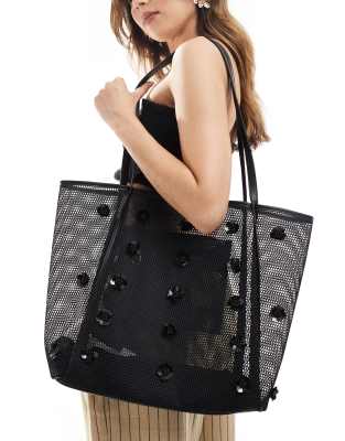 Stradivarius - Verzierte große Shopper-Tasche aus Netzstoff in Schwarz
