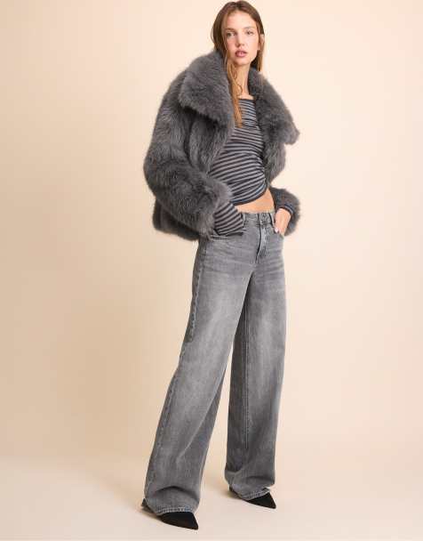 Stradivarius veste basique en faux-fur à col montant gris foncé - view 1