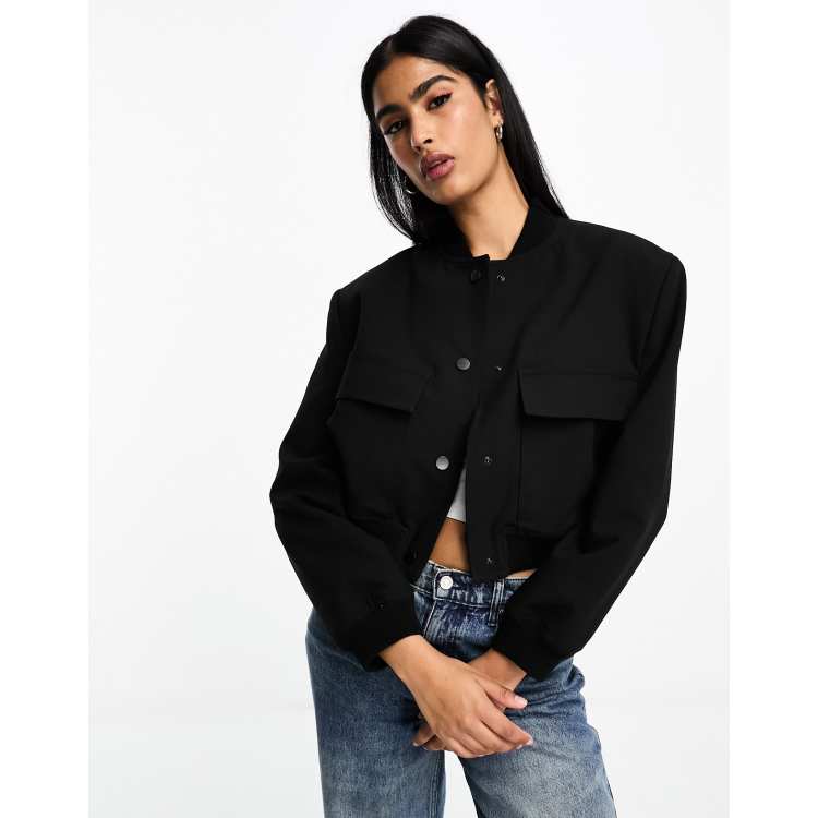 Stradivarius Veste bomber en laine melangee Noir