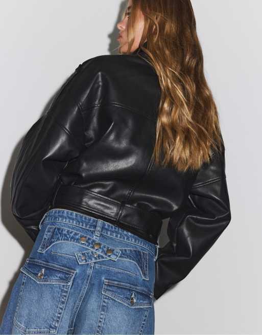 Stradivarius - Veste courte ceinturée - Noir, 3 de 7