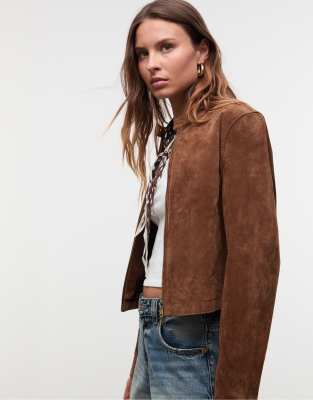 Stradivarius - Veste courte en cuir véritable - Marron-Brown