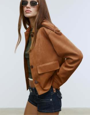 Stradivarius - Veste en imitation daim avec poches - Camel-Neutre