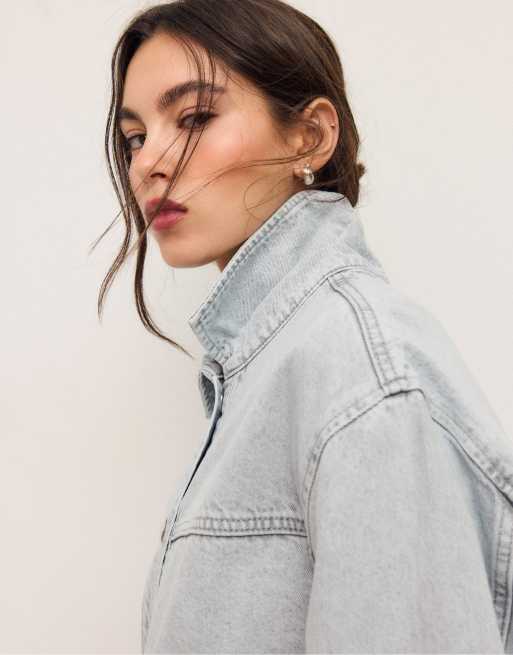 Stradivarius - Veste en jean à poches - Gris clair délavé, 2 de 4