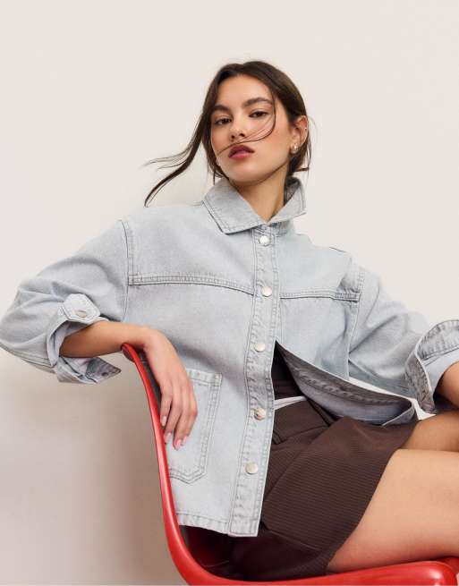 Stradivarius - Veste en jean à poches - Gris clair délavé, 3 de 4