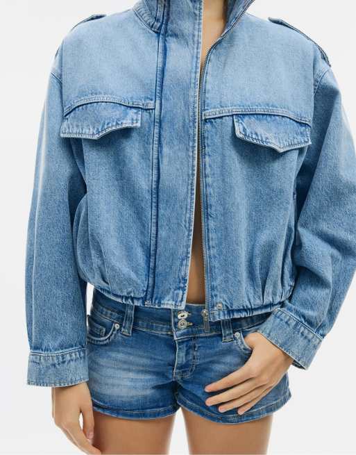 Stradivarius - Veste en jean coupe ballon - Bleu moyen clair, 4 de 7