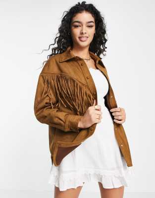 Stradivarius - Veste en suédine à franges - Fauve foncé-Marron