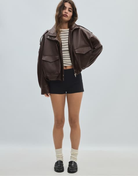 Stradivarius veste oversize effet cuir marron - view 1