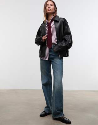 Stradivarius - Veste oversize en cuir véritable - Noir