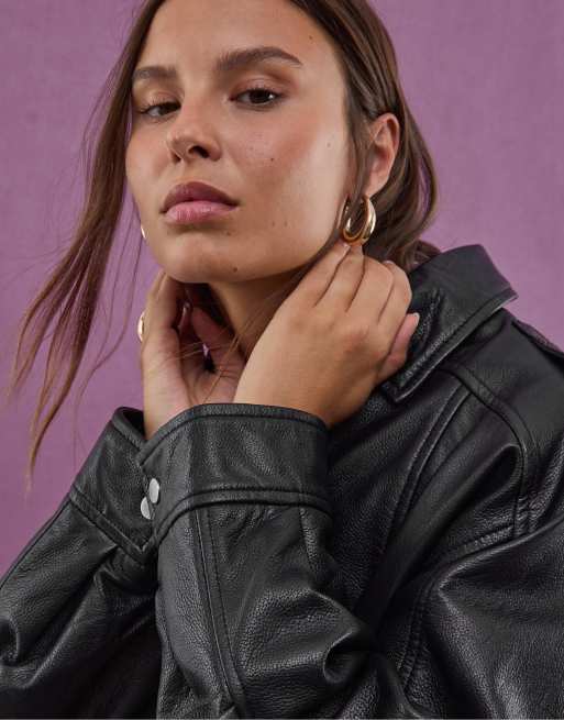Stradivarius - Veste oversize en cuir véritable - Noir, 3 de 4