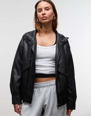 Stradivarius - Veste oversize en similicuir - Noir