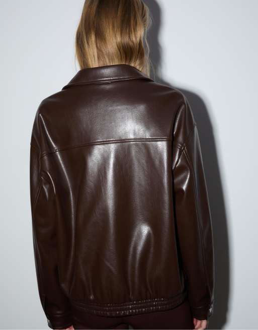 Stradivarius - Veste oversize imitation cuir - Marron, 3 de 4