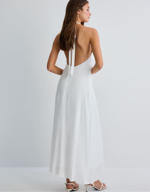 Stradivarius - Vestito allacciato al collo in crêpe bianco, 2 di 4