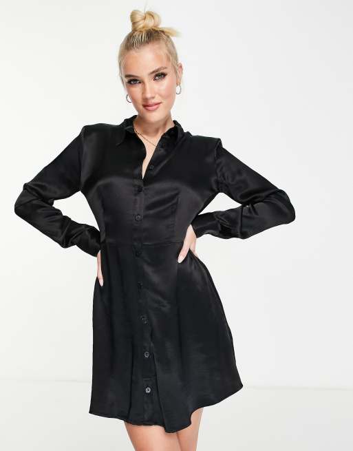 Stradivarius Vestito camicia corto in raso nero ASOS