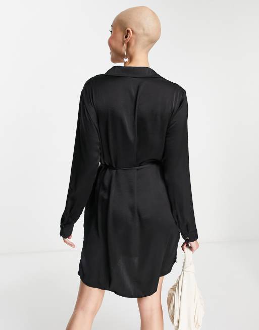 Stradivarius Vestito camicia in raso nero ASOS