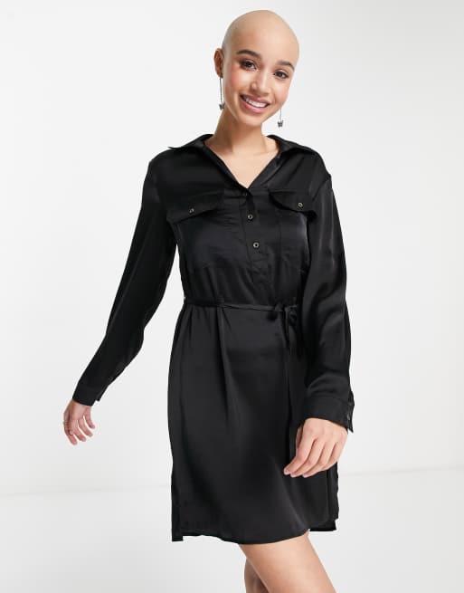 Stradivarius - Vestito camicia in raso nero , 4 di 4