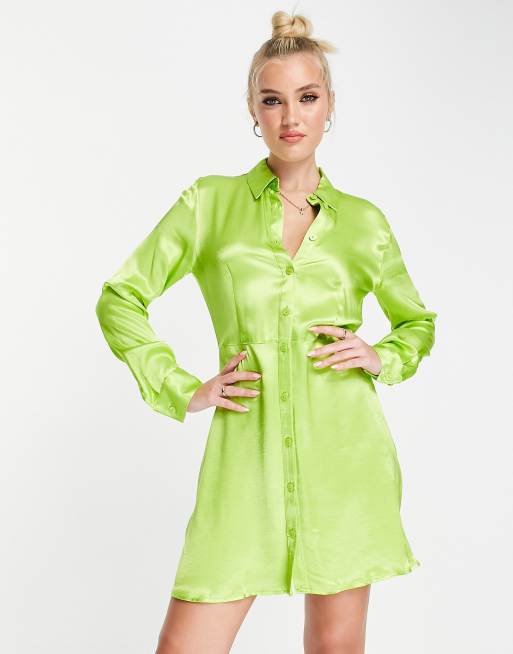 Stradivarius Vestito chemisier corto in raso color lime