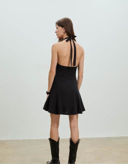 Stradivarius - Vestito corto nero allacciato al collo, 3 di 4