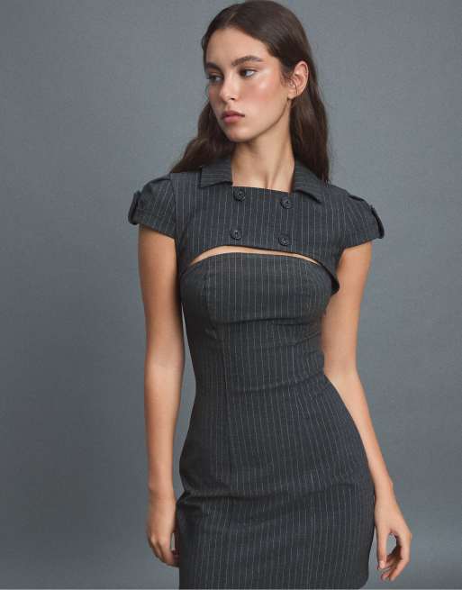 Stradivarius vestito corto sartoriale con bottoni grigio scuro, 2 di 7