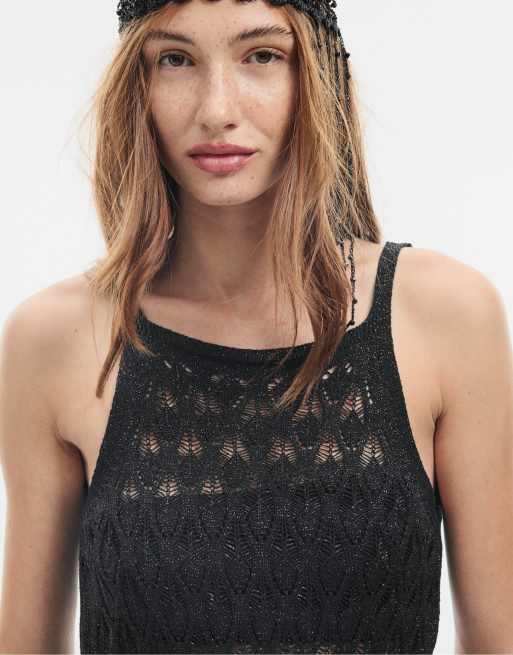 Stradivarius - Vestito in maglia traforata nero, 4 di 4