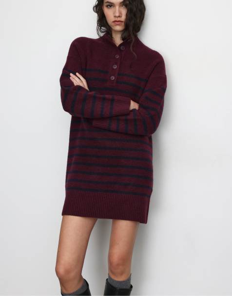 Stradivarius - Vestito in maglia viola a righe con collo a imbuto - view 1