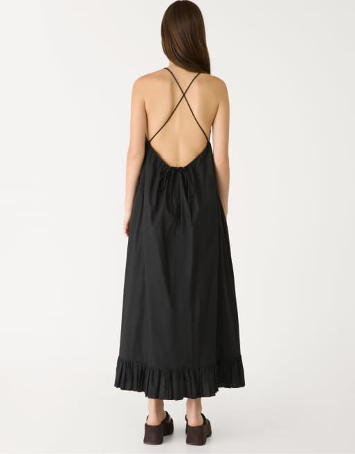 Stradivarius - Vestito in popeline nero lungo, 3 di 4
