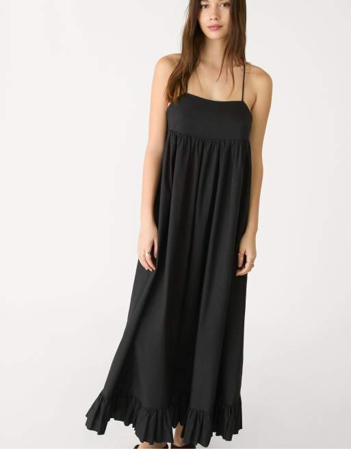 Stradivarius - Vestito in popeline nero lungo, 4 di 4