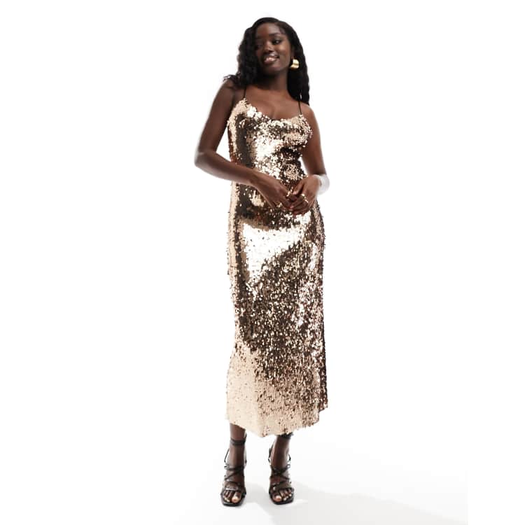 Stradivarius Vestito lungo con paillettes color oro ASOS
