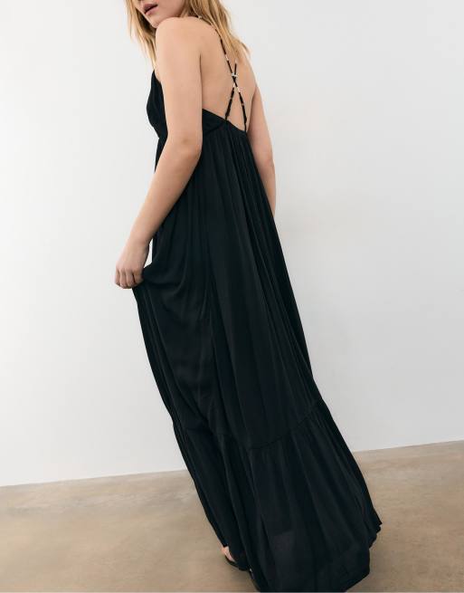 Stradivarius - Vestito lungo in crêpe nero con spalline con perline, 3 di 4