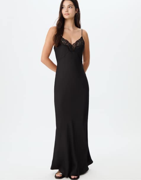 Stradivarius - Vestito lungo in raso nero con spalline sottili - view 1
