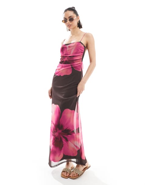 Stradivarius - Vestito lungo in rete rosa e marrone a fiori - view 1