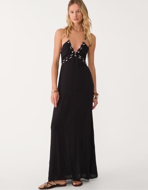 Stradivarius - Vestito lungo nero con perline - view 1