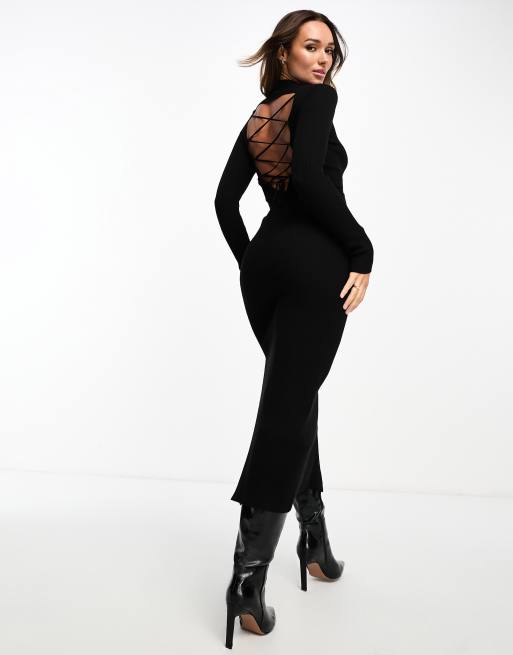 Stradivarius - Vestito lungo nero in maglia con lacci sul retro 