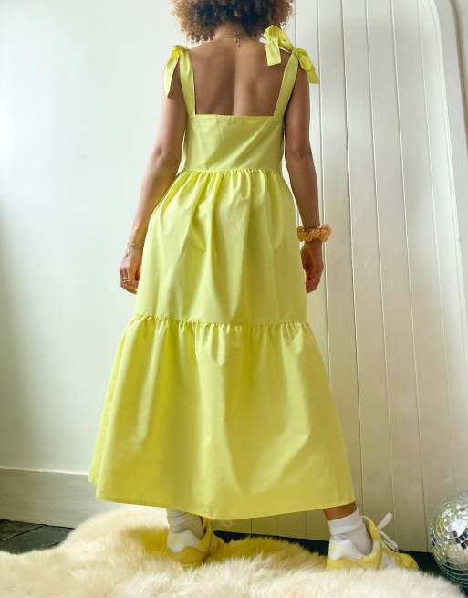 Stradivarius - Vestito midi a balze giallo in popeline con fiocchetti, 2 di 4
