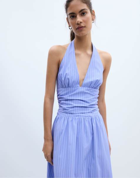 Stradivarius - Vestito midi allacciato al collo in popeline blu - view 1