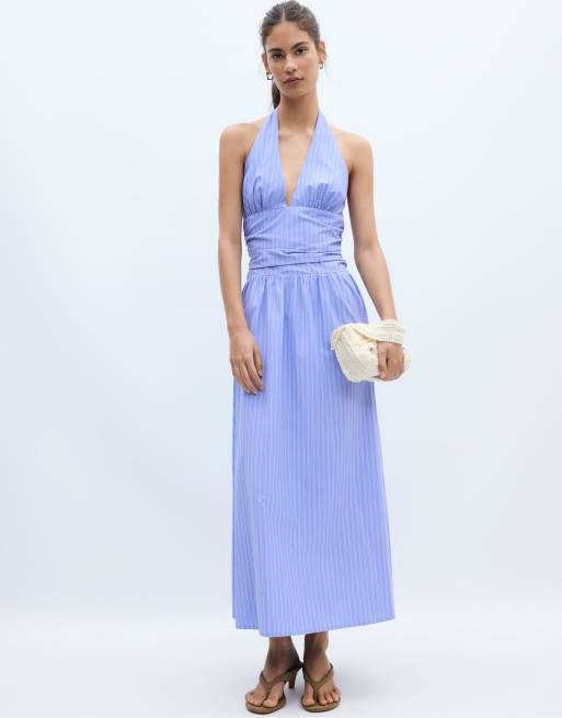 Stradivarius - Vestito midi allacciato al collo in popeline blu, 2 di 4