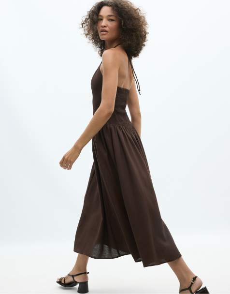 Stradivarius - Vestito midi allacciato al collo marrone con perline - view 1