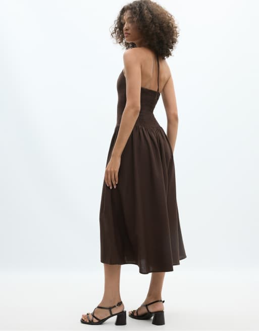 Stradivarius - Vestito midi allacciato al collo marrone con perline, 3 di 4